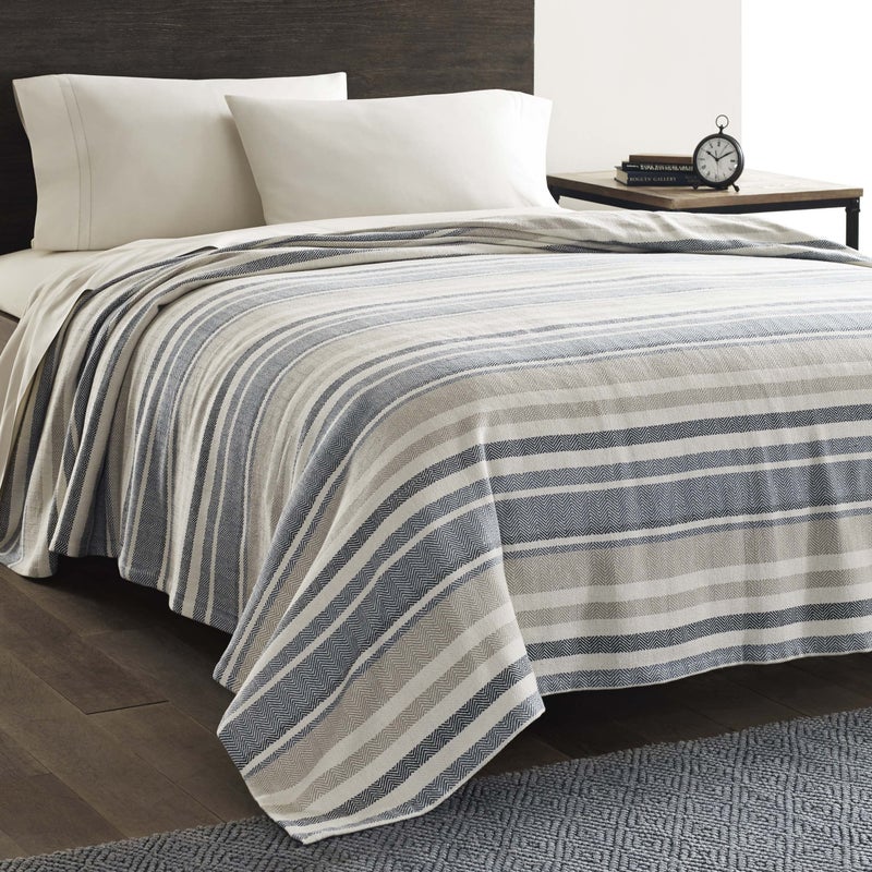 Eddie Bauer - Queen Size Blanket, 100% Soft Cotton Bed Blanket for Year Round Comfort, Throw Blanket for Couch or Bed (Herringbone Blue Stripe)